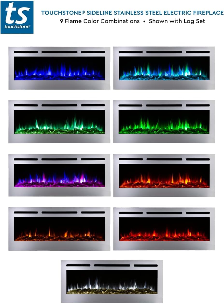 Touchstone Sideline Deluxe -Stainless Steel Smart Electric Fireplace- 60" Wide- Alexa/WiFi-Enabled- in Wall Recessed- 5 Flame Settings- 9 Flame Colors- 1,500W Heater- Log & Crystal Options- 86277
