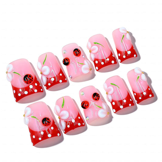 IntoVibes Handmade Short Duck Press On Nails, 3D petals And Ladybugs, 10 Pieces Reusable Acrylic False Nails, Size Medium