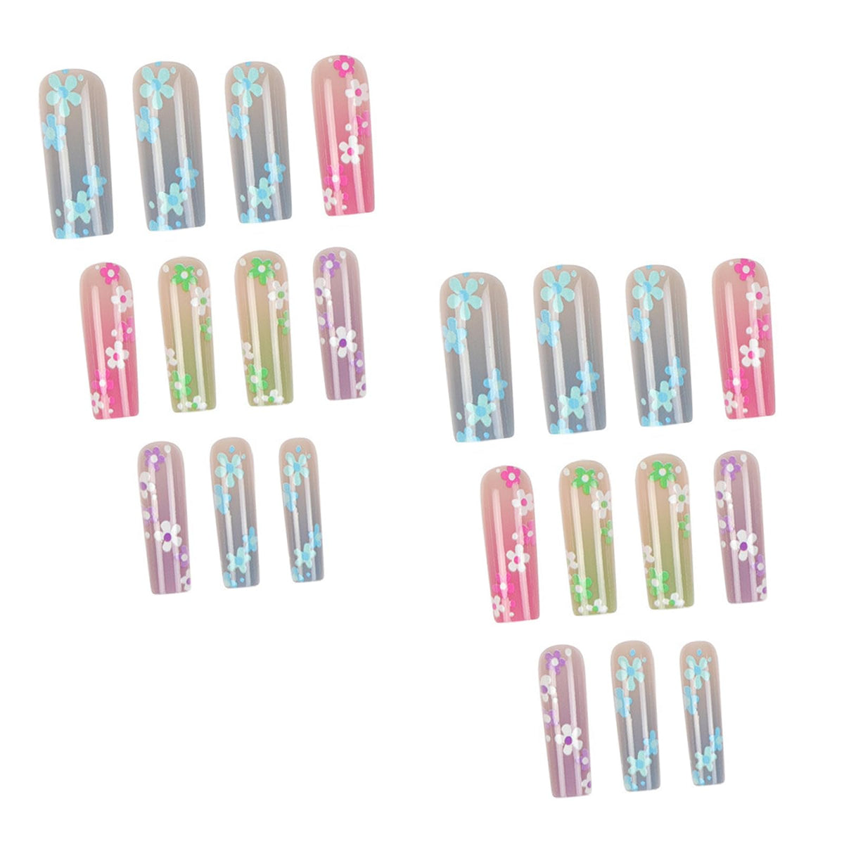 IMSOHOT Long Square Press on Nails Colorful Ombre Fake Nails with Small Flower Designs Glossy Acrylic False Nails Glossy Acrylic Stick on Nails for Women 24Pcs