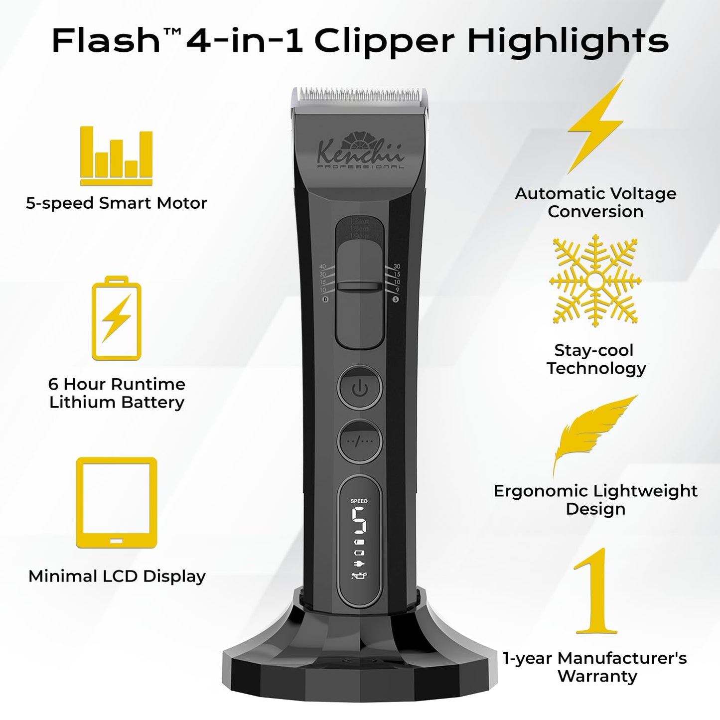 Kenchii Flash Dog Clippers for Grooming 4-in-1 Digital Cordless Cat & Dog Grooming Clipper for Pet Care, Precision Pet Grooming Trim, Shape, and Style Effortlessly, Black