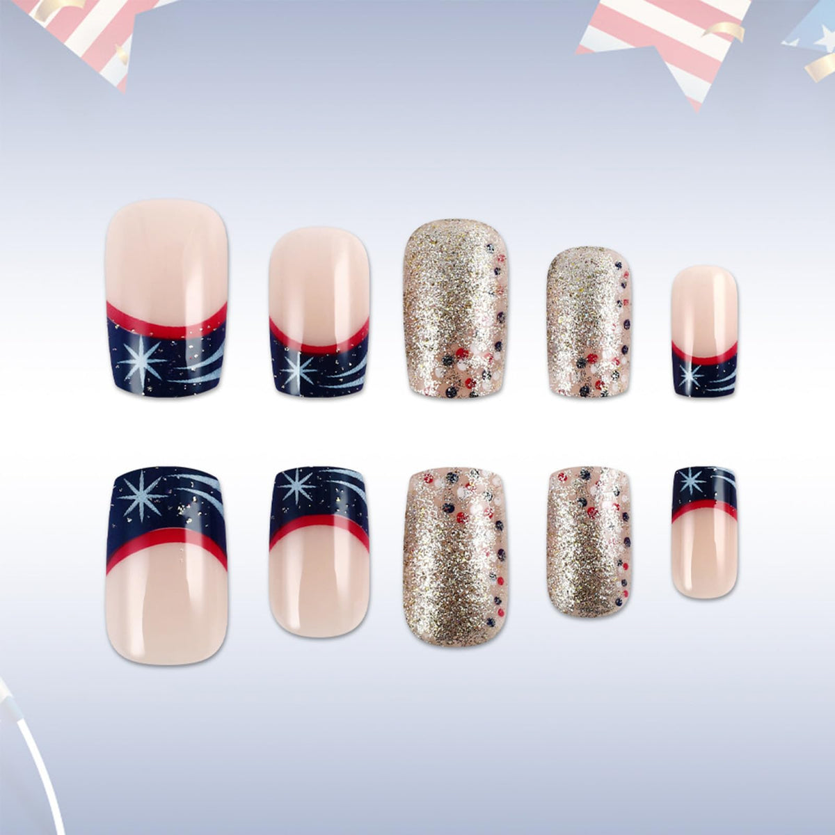 4th of July Press on Nails Medium Square French Tip Fake Nails Polka Dot Silver Glitter False Nails Independence Day Patriotic Nails Full Cover Glossy Stick on Nail for Women Manicure 24Pcs