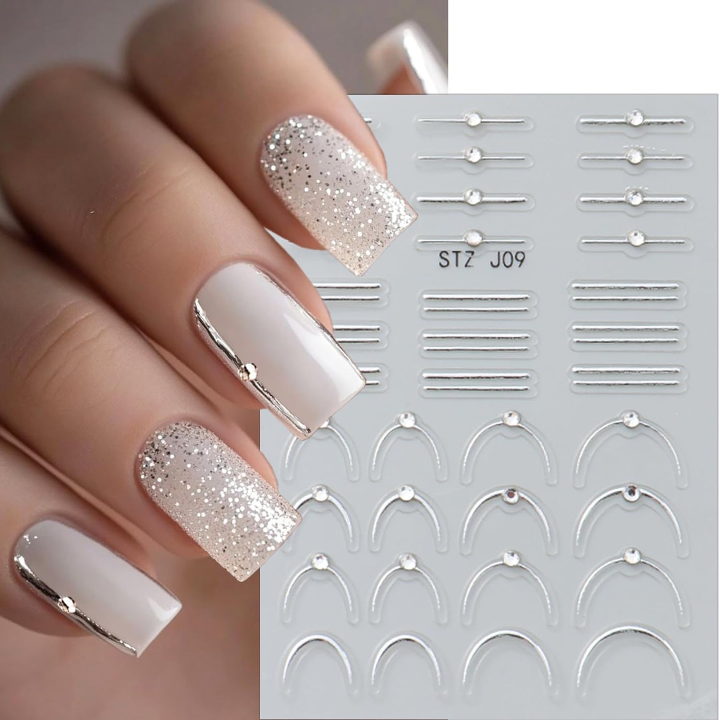 2 Sheets French Tip Nail Stickers for Nail Art Gold Silver French Nail Art Stickers with Crystal Diamond 5D Self-Adhesive Nail Supplies Embossed Line Nail Decals for Women DIY Manicure Decoration