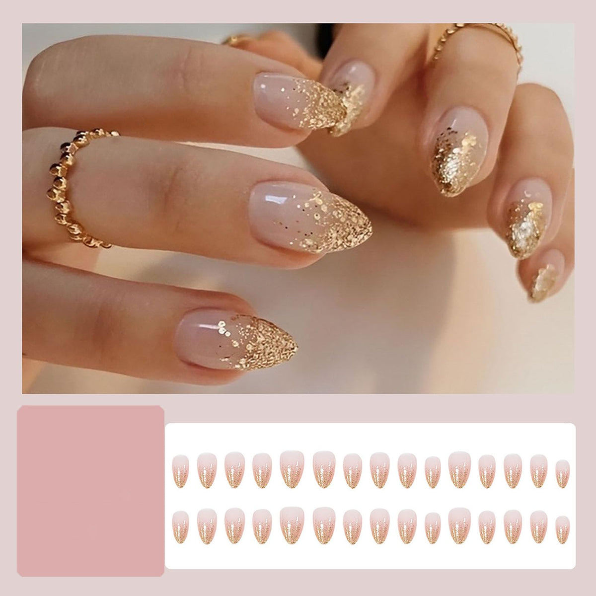 RUOKEXIN Almond Press on Nails Short Fake Nails Gold Glitter False Nails with Designs Full Cover Nail Press ons Sparkly Artificial Nails for Women 30Pcs
