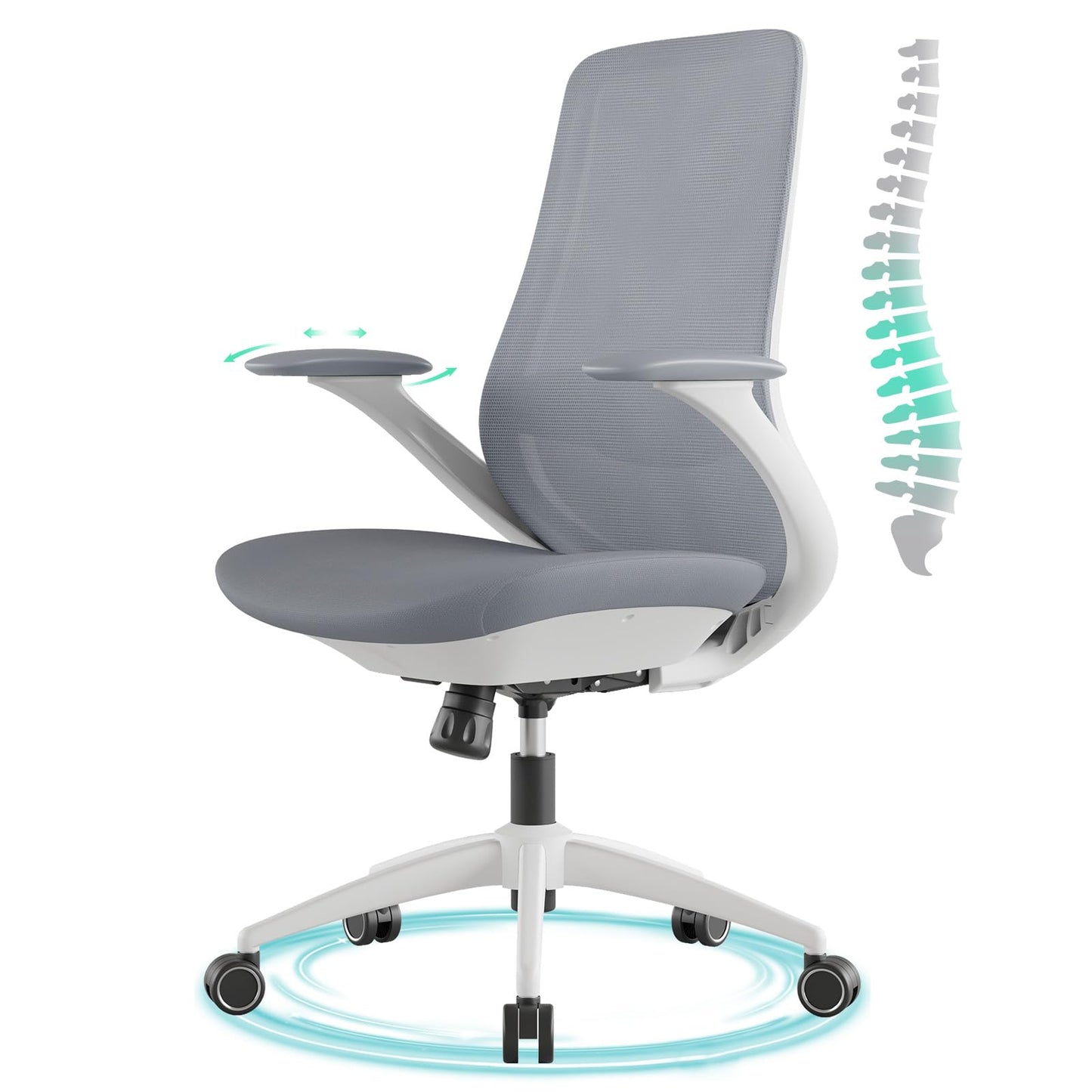 BERYTH Ergonomic Office Chair, High Back Mesh Desk Chair with Lumbar Support, 360° Swivel & Slide-Adjustable Arms, Tilt Lock and Recline, Breathable Task Chair for Home Office & Gaming (Grey)