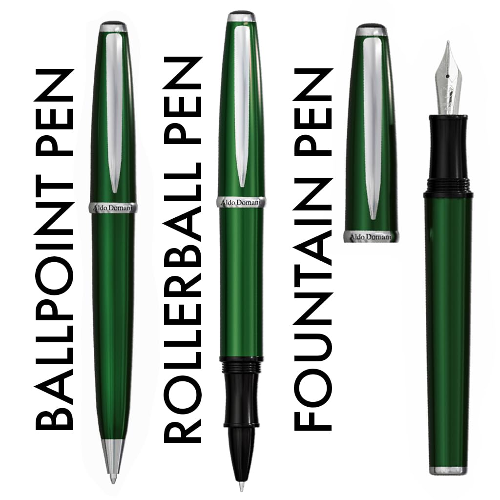 Monteverde USA Aldo Domani 3+2 Piece Set Green | Fountain, Rollerball, Ball Pen |Medium Nib | Large Luxury Gift Box with Free Gel Refill & Ink Bottle
