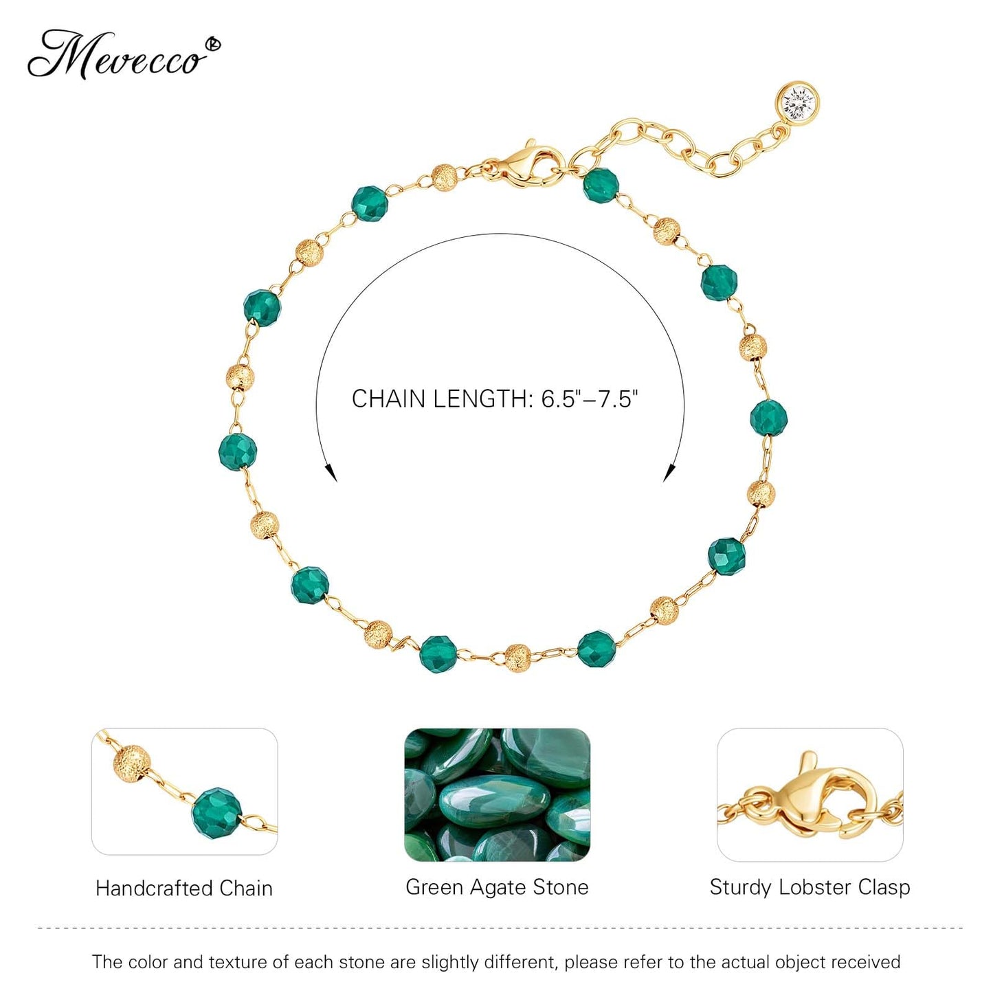 MEVECCO Gold Bracelet for Women 18K Gold Plated Green Agate Stone Custom Handmade Mixed Beads Charm Chain Bracelet Stack Jewelry Gifts