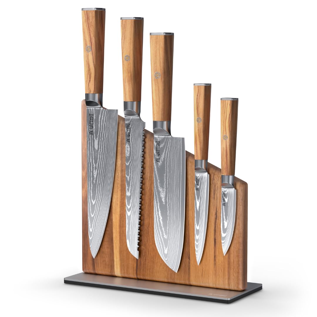 Yatoshi Knives Magnetic Kitchen Knife Block Set - Japanese 67 Layer High-Grade VG-10 Steel Knives, Sharp, Professional Kitchen Knife Set - Damascus (6 pieces), Olive Wood Handles