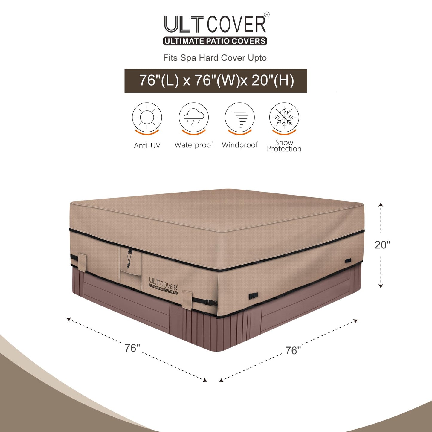 ULTCOVER Waterproof 600D Polyester Square Hot Tub Cover Outdoor SPA Covers 76 x 76 inch
