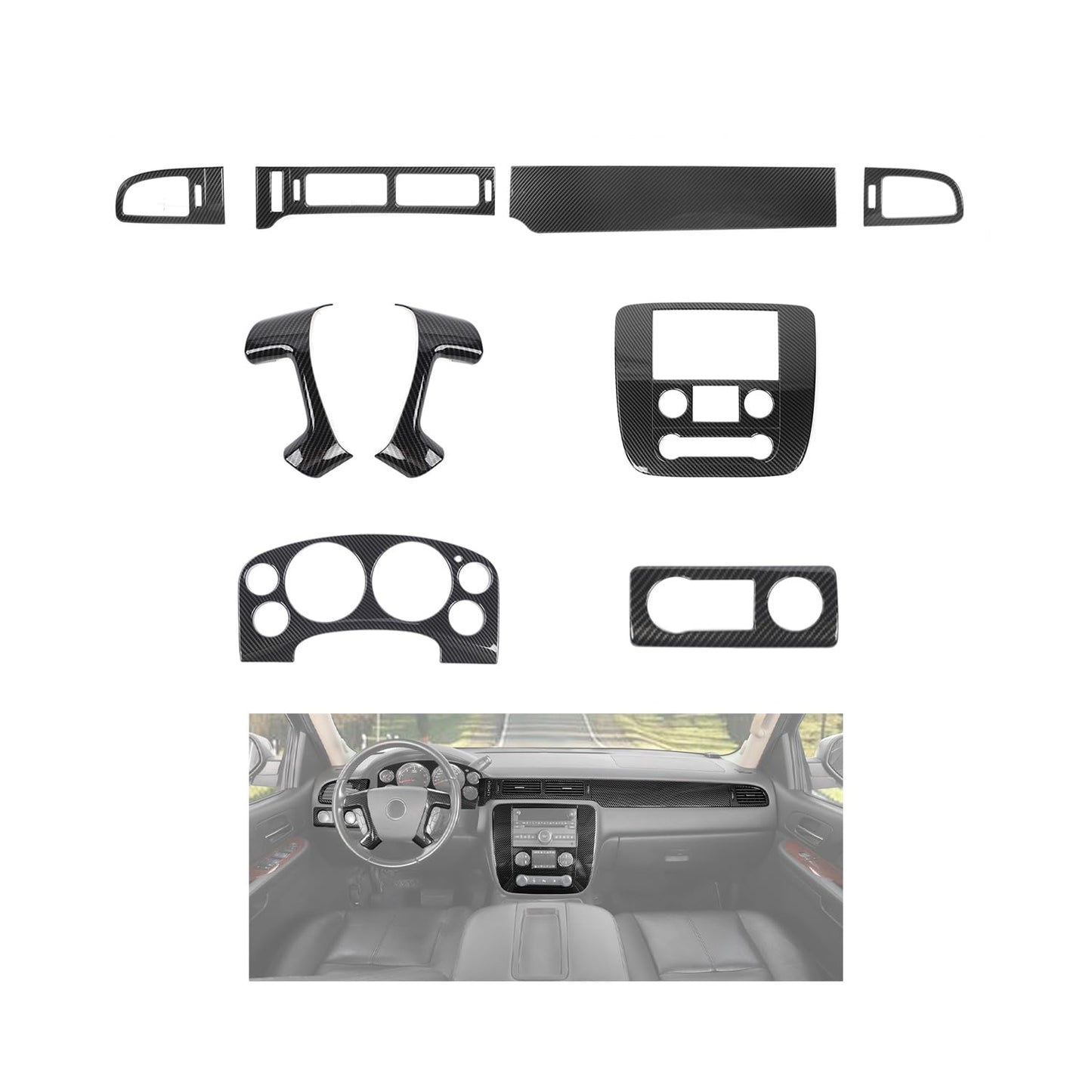 JeCar 9pcs Carbon Fiber Interior Trim Accessories for 2007-2013 Chevy GMC Sierra & GMC Yukon & Tahoe & Suburban & Avalanche - Dash Cover Interior Upgrade Kit