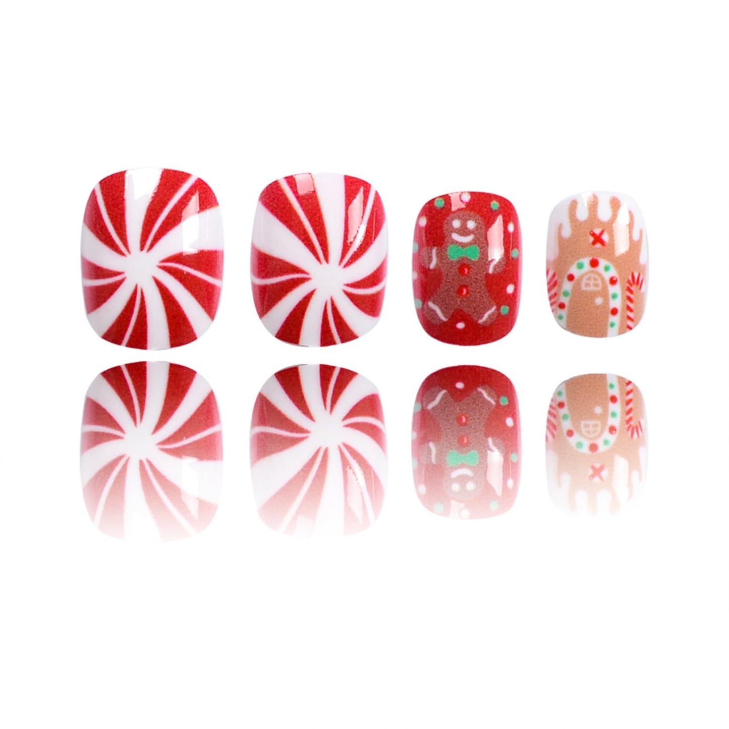 Christmas Press On Nails Short Square Fake Nails Christmas Red Nails Press ons with Gingerbread Man Designs Winter Holiday False Nails Acrylic Nails Glossy Full Cover Stick On Nails for Women