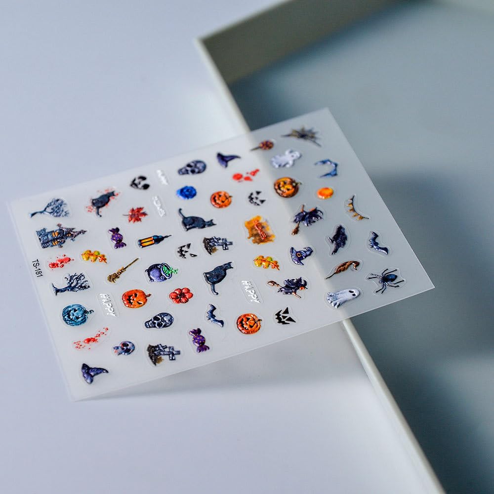 Halloween Nail Art Stickers 5D Embossed Ghost Cat Nail Stickers Skull Witch Pumpkin Spider Nail Decals for Women Girls Holiday Manicure DIY Nail Supplies
