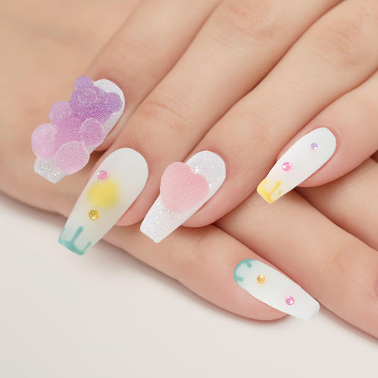 XODITO Fake Nails Set Y2K Long Square Matte 3D Candy Bear Love Decoration False Nail Tips, Press On Nails, Artificial Art Nails Finger Manicure for Women and Girls(CDJ0021-M)