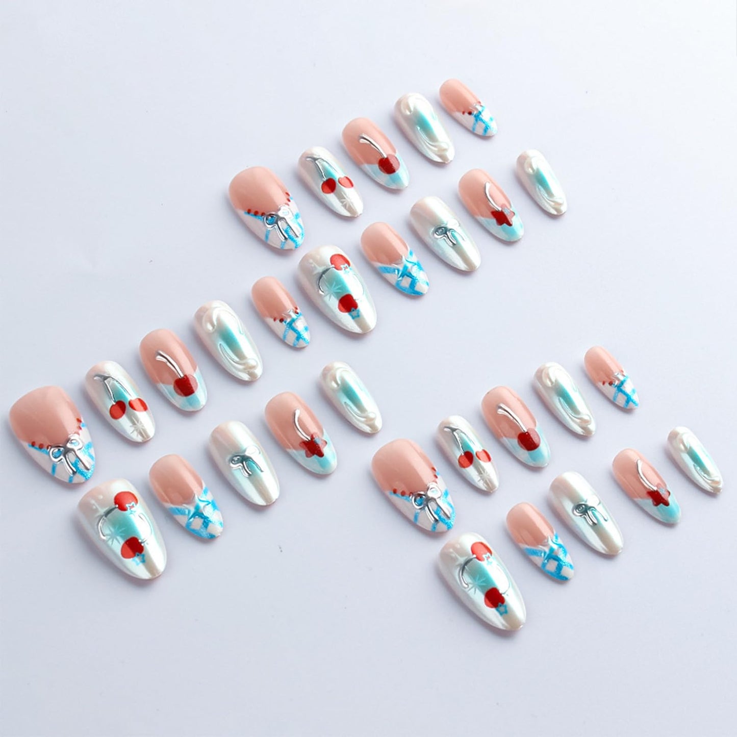 3D Bow Tie Press on Nails Cherry Gel Glue on Nail Red Stars Acrylic Fake Nail Glossy Blue Glitter French Tips Stick on Fingernails Valentines Almond Medium False Nails 30Pcs for Women Valentine's Gift
