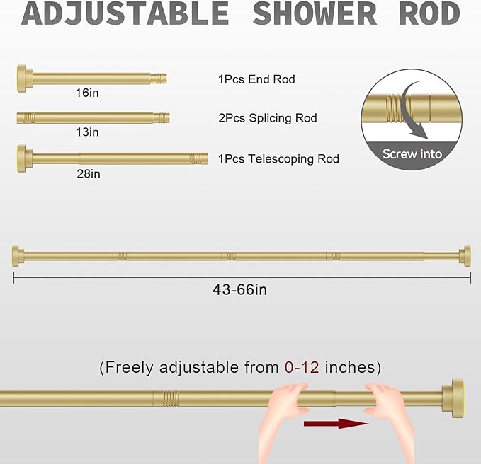 Thestoa Gold Shower Curtain Rod Adjustable 43-66 inch, 1"Diameter Spring Tension Curtain Rod No Drill, Anti-Rust Non-Slip Shower Rod for Bathroom