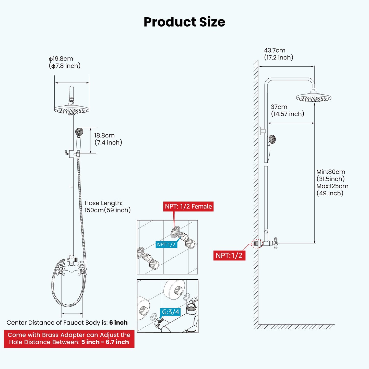 gotonovo Exposed Bathroom Shower Faucet Set Shower Fixture 8 Inch Rainfall Shower Head Handheld Shower Cross Handle Wall Mount 2 Functions Oil Rubbed Bronze