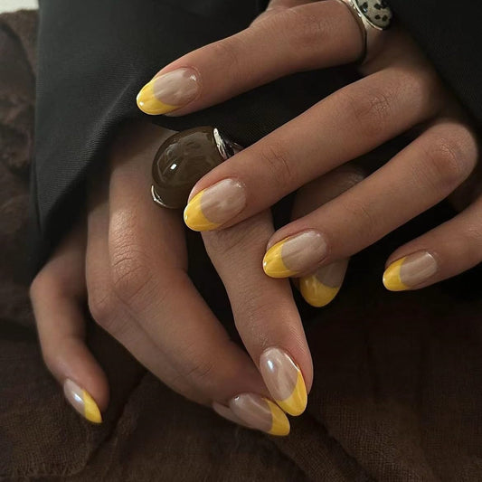 Handmade Press on Nails Short Fake Nails French Acrylic Full Cover False Nails for Women and Girls 10PCS (Yellow French) (MT-108, M)