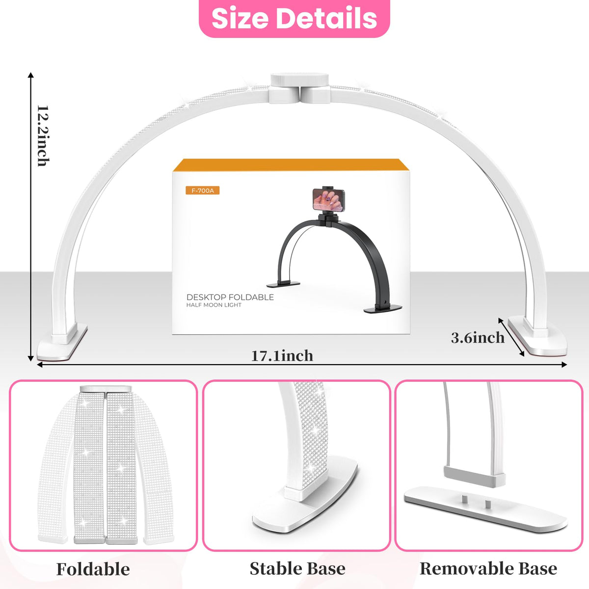 Uiopy Nail Half Moon Light: Arch Rhinestone LED 29in Moonlight with Phone Holder Stand 3 Light Colors /10 Brightness Levels - Professional Nail Salon Esthetician Media Tech(Diamond,Large)
