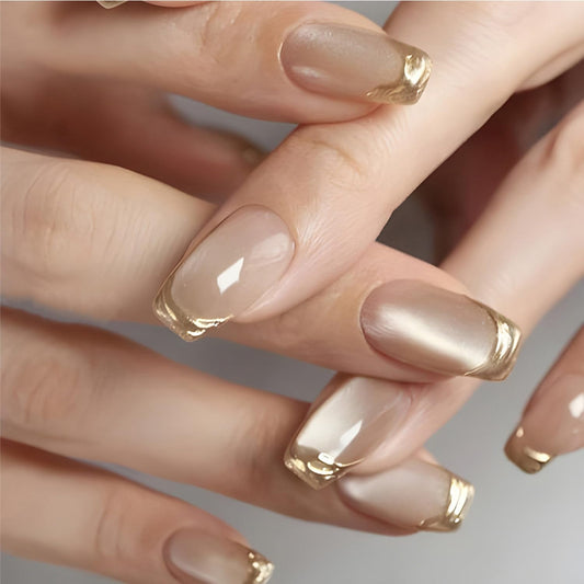 Gold French Tip Press On Nails for Women, Glossy Coffin Fake Nails with Metallic Swirl Design, Elegant Nude Full Cover Acrylic Nails Reusable Stick On Nails, 24PCS