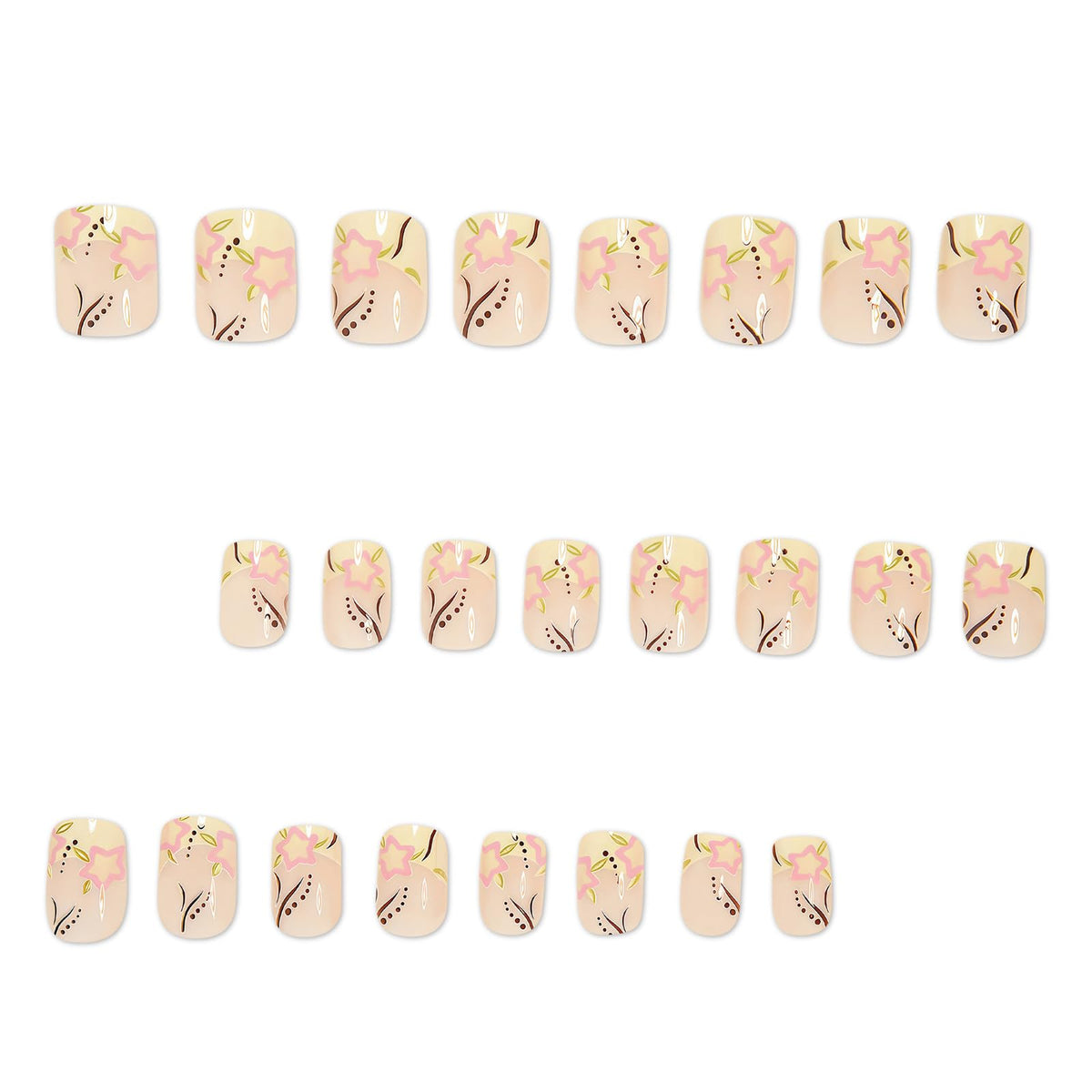 IMSOHOT Press on Nails Short Square Fake Nails with Flower Designs Yellow French Tips False Nails Cute Glossy Summer Artificial Glue on Nails for Women Girls Manicure 24Pcs