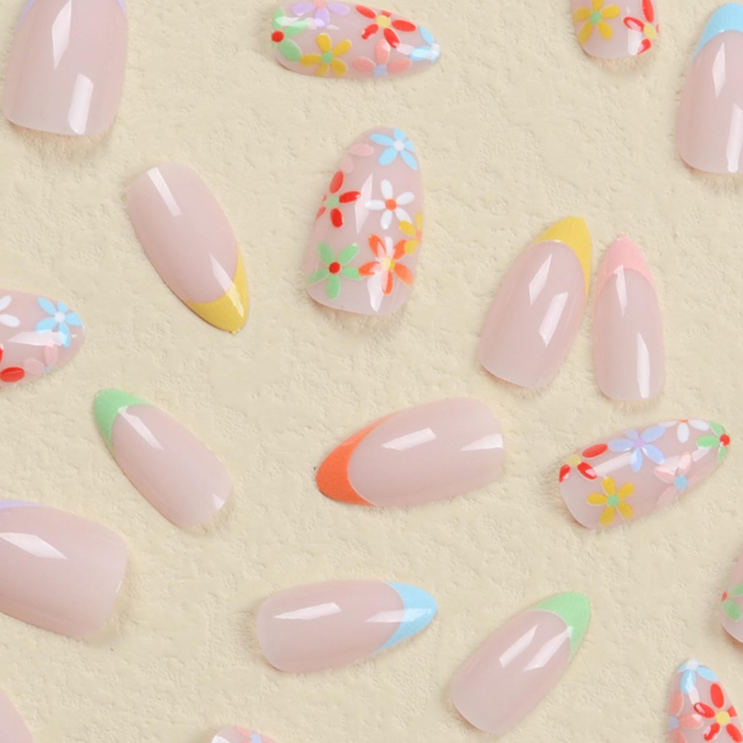 DANMANR Fake Nails Flower Almond Press on Nails Full Cover Acrylic Colorful Short Flase Nails for Women and Girls 24PCS