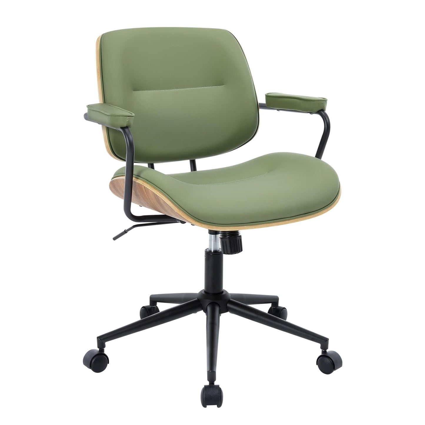 BV Mid Century Modern Office Chair Set of 1, Swivel Rolling Deak Chair with Armrests and Walnut Back, Adjustable Desk Chair for Home Office, Green