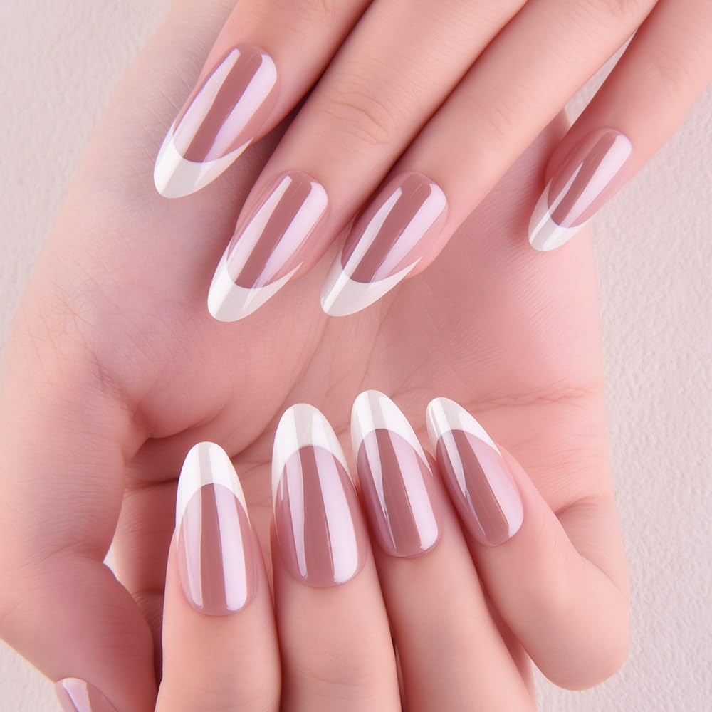 evpct French Tip Press On Nails Almond Medium, Mauve + White Tips, Chrome Glazed Glossy Medium Almond Fake False Press on Nails, Reusable Gel Stick on nail Press ons with Nail Kits, Salon Quality