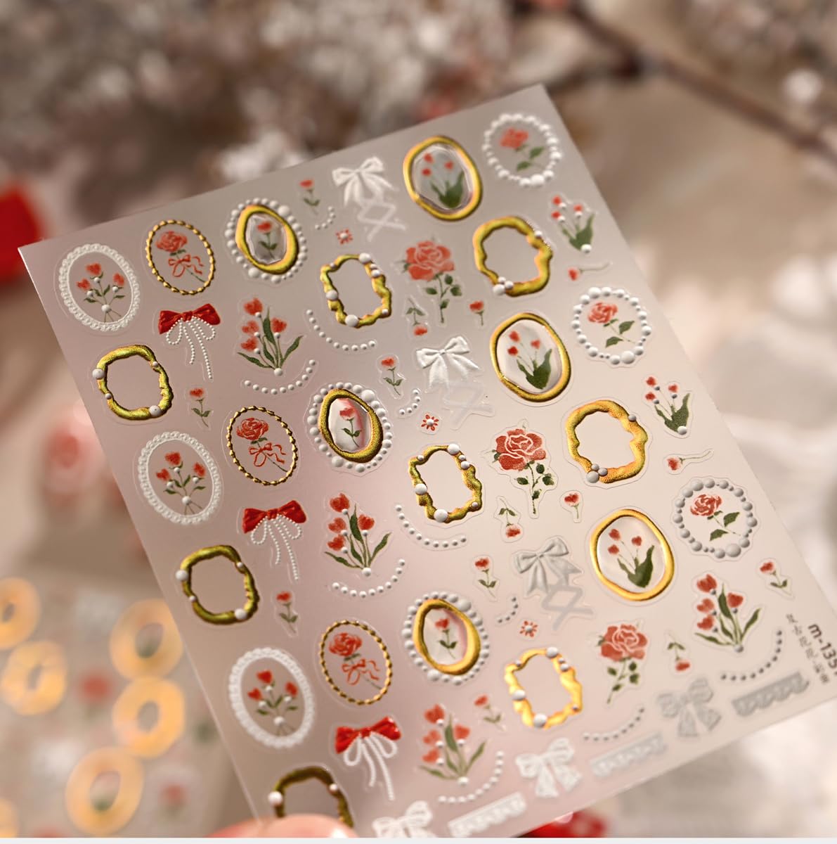 Flower Nail Stickers Tulip Floral Nail Decals with Gold-Trimmed Frames Design,Self-Adhesive Spring Stickers for Natural Acrylic Nails,Easy Apply DIY Manicure Decor for Women Girls 1 Sheet