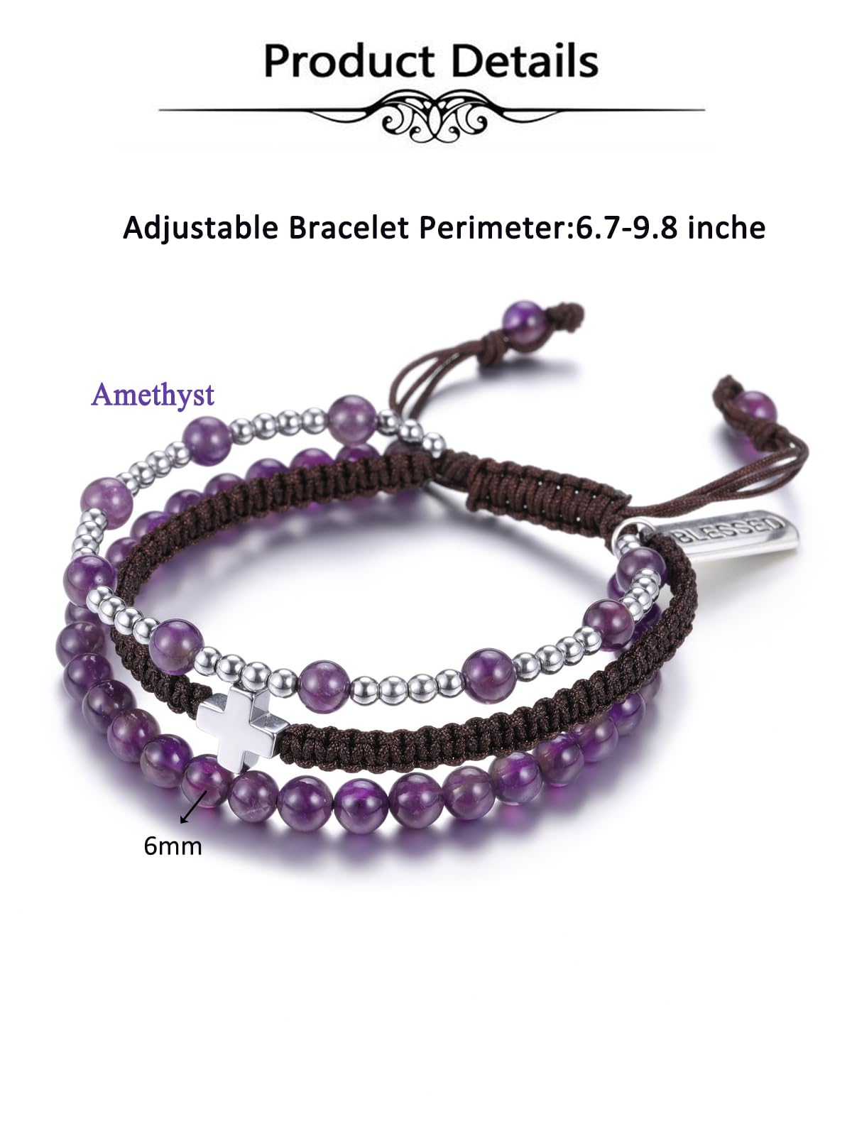 Top Plaza Healing Amethyst Crystal Bracelets for Women Men Cross Bracelet 3 in 1 Handmade Natural Gemstone Beads Bracelet Blessed Bracelets Braided Protection Jewelry Gifts