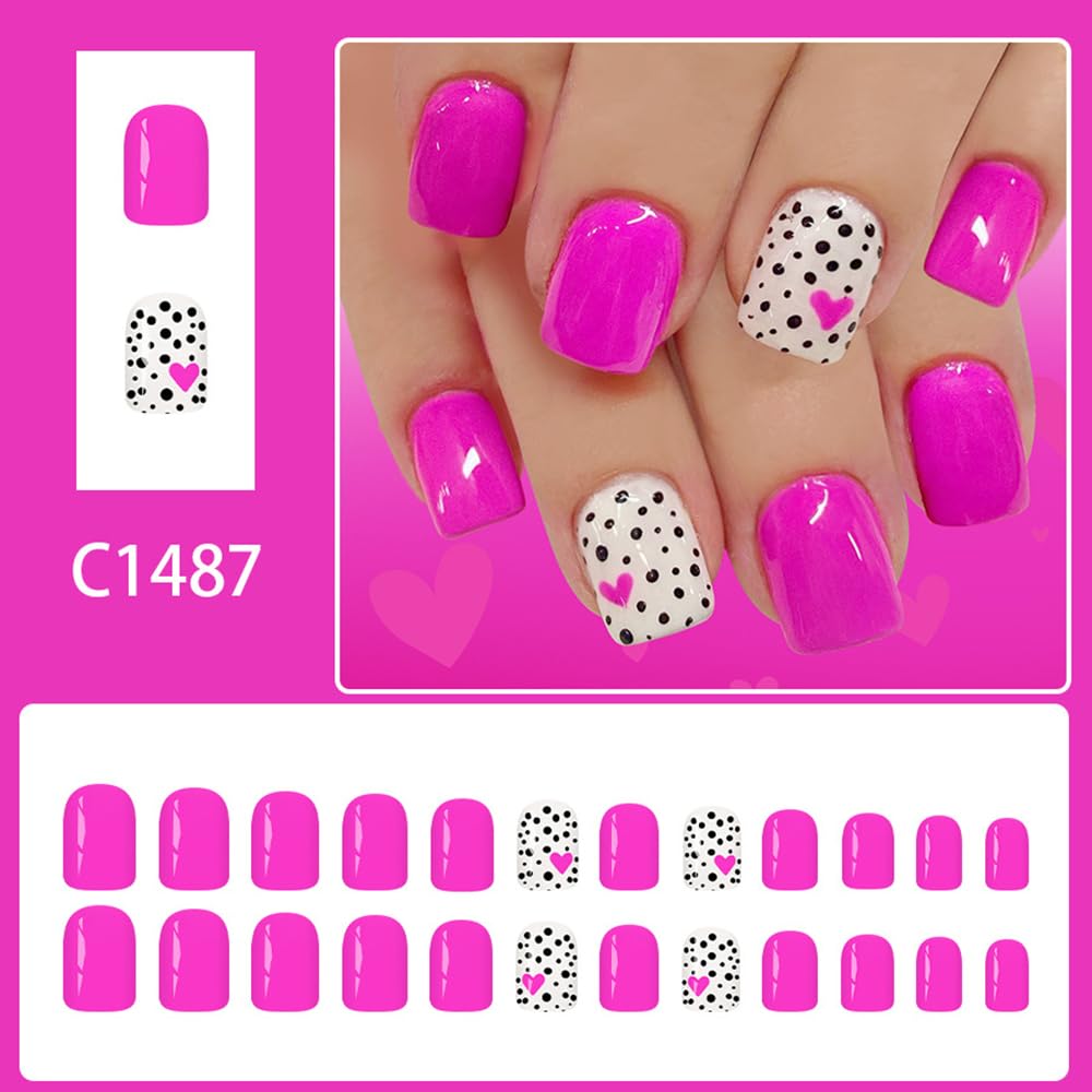 Valentine’s Day Press on Nails Short Square Fake Nails with Rose Red Heart Black Polka Dots Designs Pink Nails Press ons Glossy Glue on Nail Acrylic Nails Full Cover Stick on Nail for Women 24Pcs