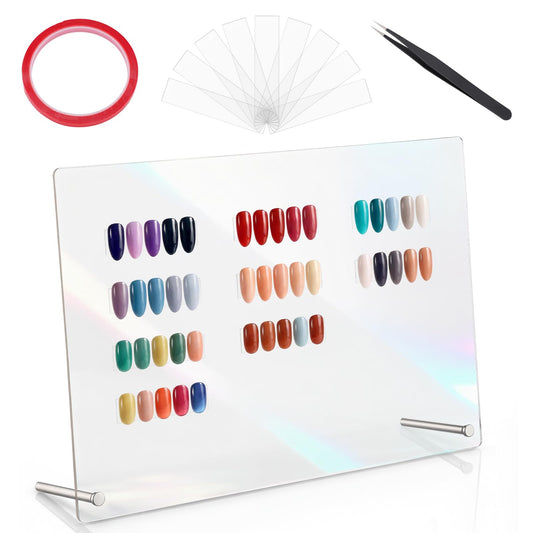 Segbeauty Horizontal Nail Art Colors Display Stand Board with Accessories, Transparent Acrylic Fingernails Tip Holder with Tweezer Small Adhesive Tapes Strips for Nails Polish Sample Display Practice