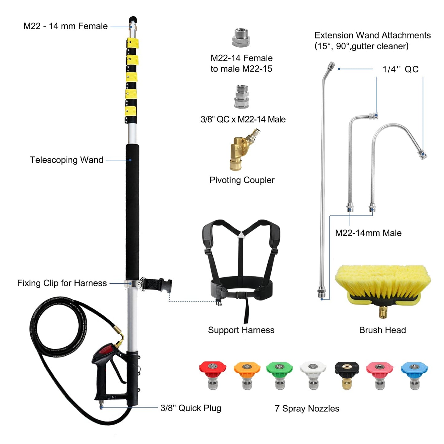 JANZ 25 FT Pressure Washer Telescoping Wand with Power Washer Extension Wands, Brush Head, Gutter Cleaner, 7 Spray Nozzle Tips, 2 Hose Adapters and Support Belt