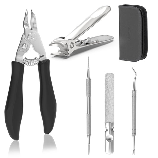 Glamne 5-in-1 Toenail Clippers for Seniors with Thick & Ingrown Nails – Professional Pedicure Kit with Long Handle Nail Cutter, Slanted Curved Blade, Nail File & Lifter – Gift Set with Leather Case