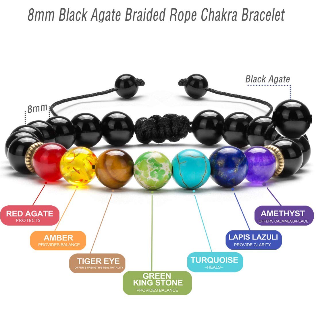 GelConnie 7 Chakra Bracelets 8mm Black Agate Chakra Stone Healing Crystal Bracelet Braided Rope Yoga Bead Bracelets Meditation Relief Anxiety Bangle Relax Energy Balance Gift for Women, Men