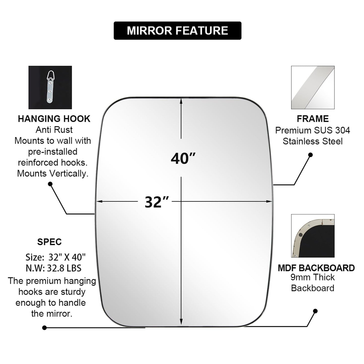 ANDY STAR Chrome Oblong Mirror, 32x40 Inch Polished Chrome Oval Mirror for Bathroom with Stainless Steel Metal Frame, Wall Mouned for Bathroom, Living Room, Entryway
