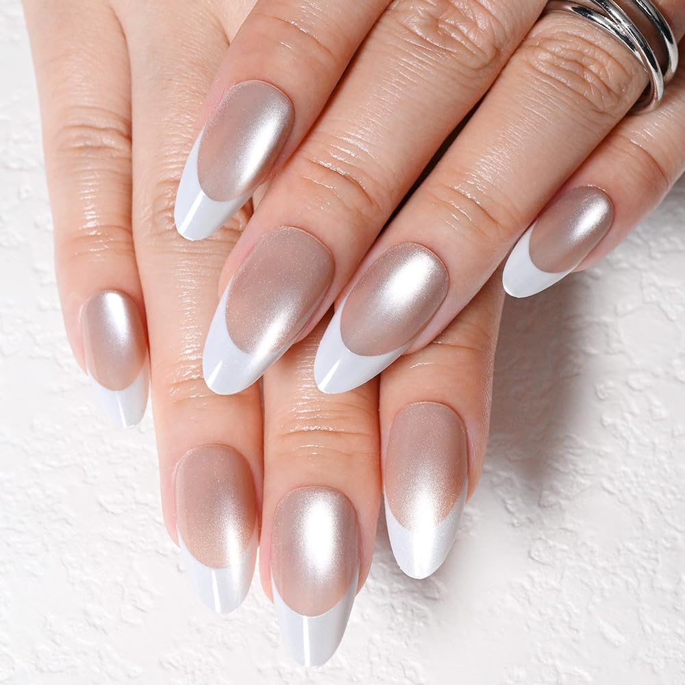 evpct Nude Cat Eye French Tip Press on Nails Almond Medium No Glue, White French Tip Medium Almond Holographic Stick on Nails for Women, Reusable Full Cover Soft Press on Nail Perfectly with Design