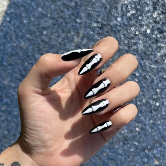 Halloween Press on Nails Medium Almond Fake Nails Horror Finger Bone Designs Acrylic Nails Black False Nails Press ons Glossy Glue on Nails Full Cover Stick on Nails for Women Girls 24Pcs