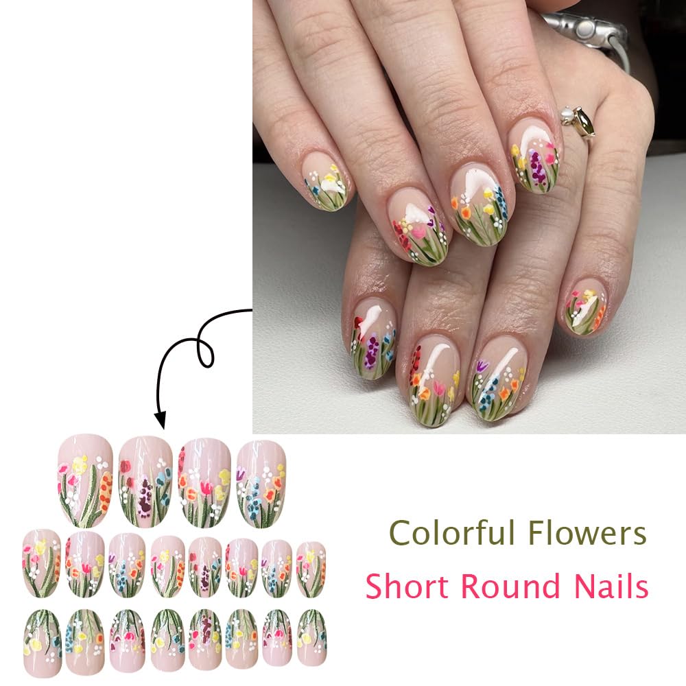 Sunflower French Press on Nails Short Almond Fake Nails Purple Lavender False Nails with Green Flower French Design Glossy Spring Stick on Nails for Women Girls Manicure Decoration 24 pcs