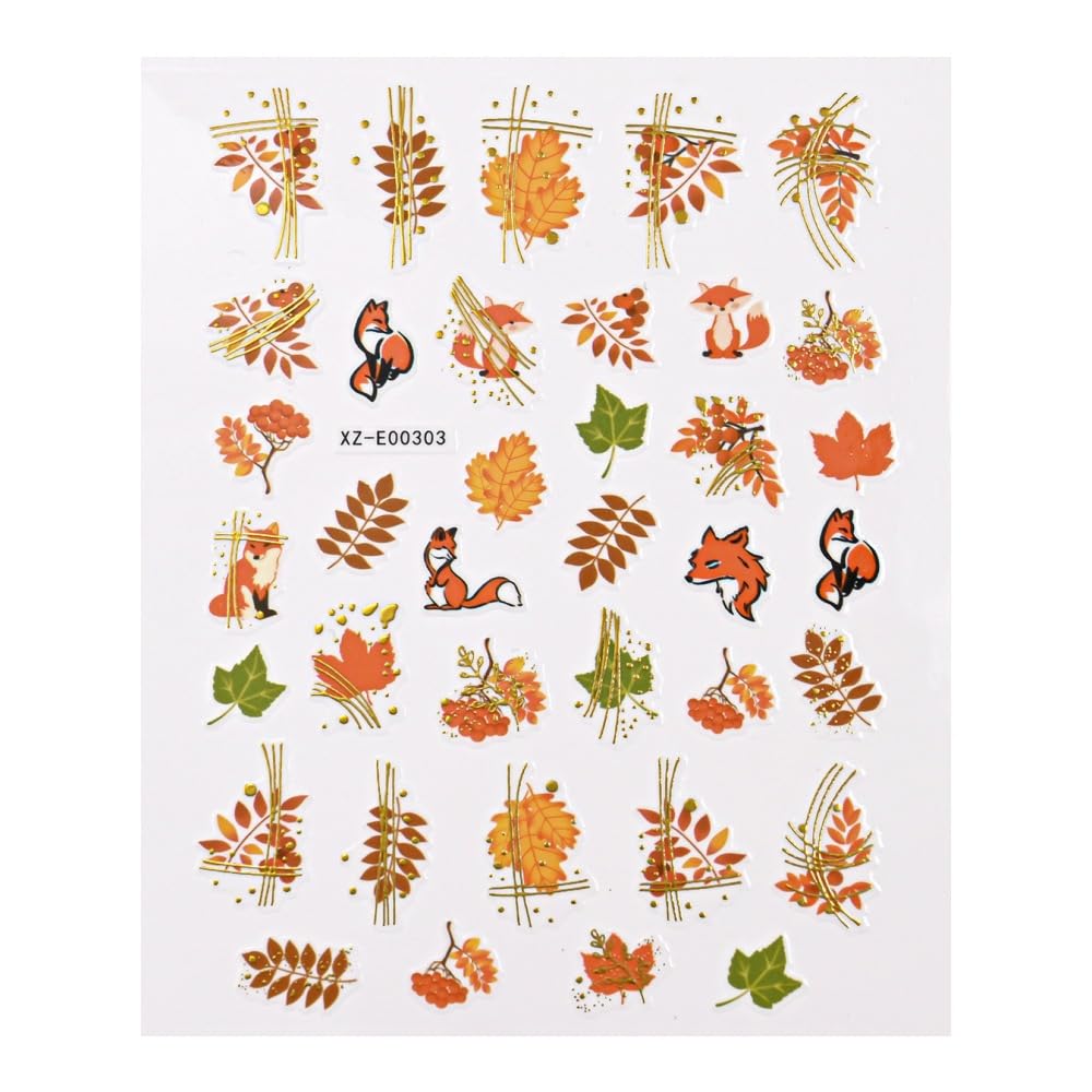 Fall Nail Stickers 3D Self Adhesive Maple Nail Art Stickers Pumpkin Nail Decals with Maple Leaf Fox Design Autumn Thanksgiving Day Nail Supplies for Women Girls Holiday Manicure DIY 6 Sheets