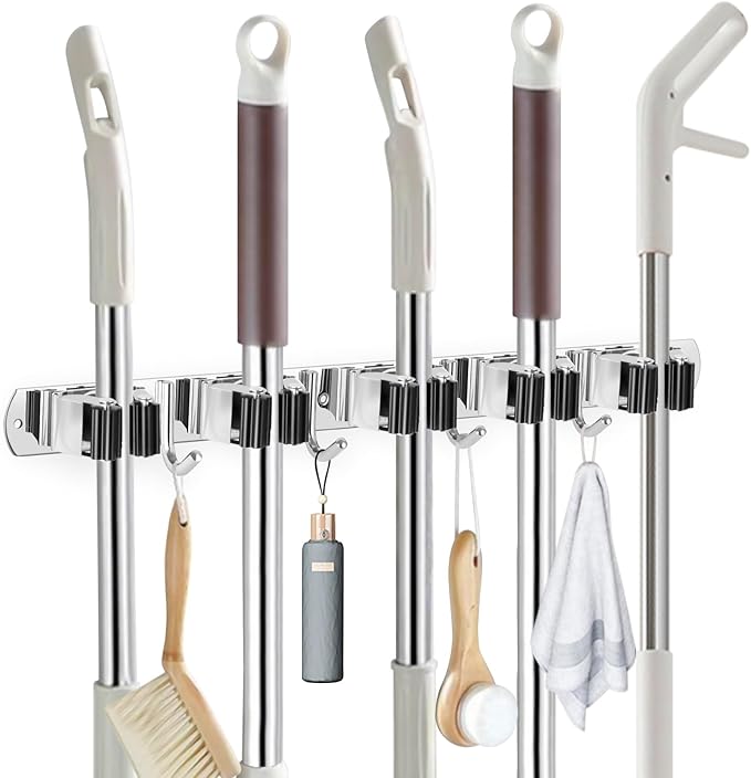 IMILLET Broom Holder Wall Mounted, Stainless Steel Broom Mop Holder Self Adhesive Heavy Duty Hooks Storage Organizer for Home Laundry Room Garden Garage Closet Kitchen 1 Packï¼5 Racks with 4 Hooksï¼