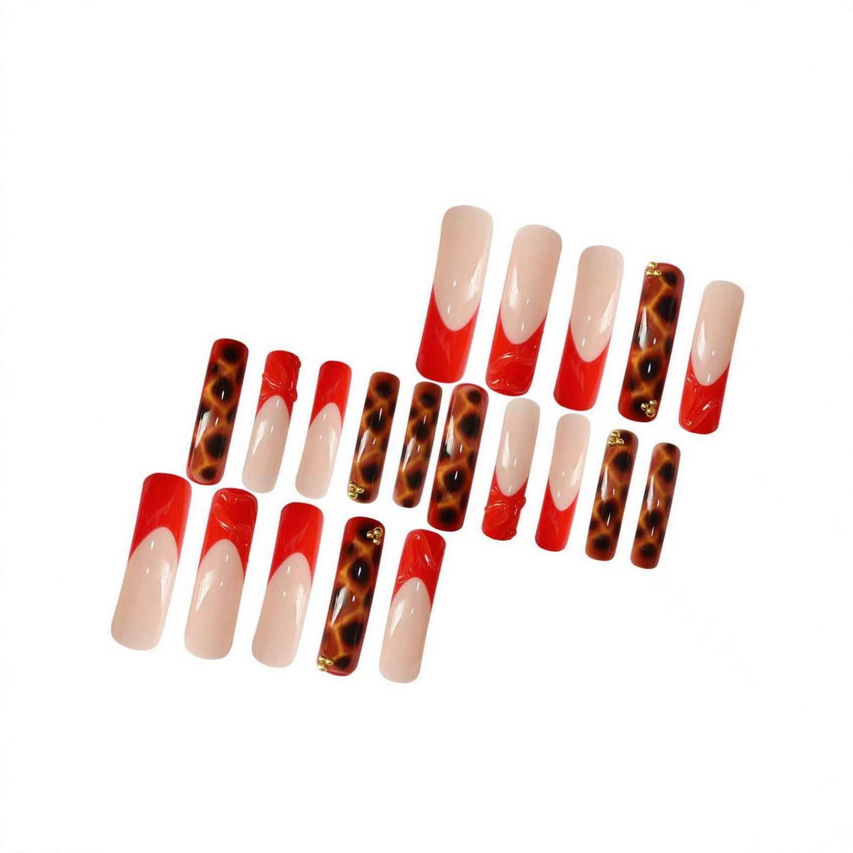 Curved Press on Nail 3d Fake Nails Red French Tip Press ones Extra Long Square with Water Stripe designs Leopard Print Stick on Nails Gold Rhinestones Acrylic Full Cover Gel Glue on Nails for Women