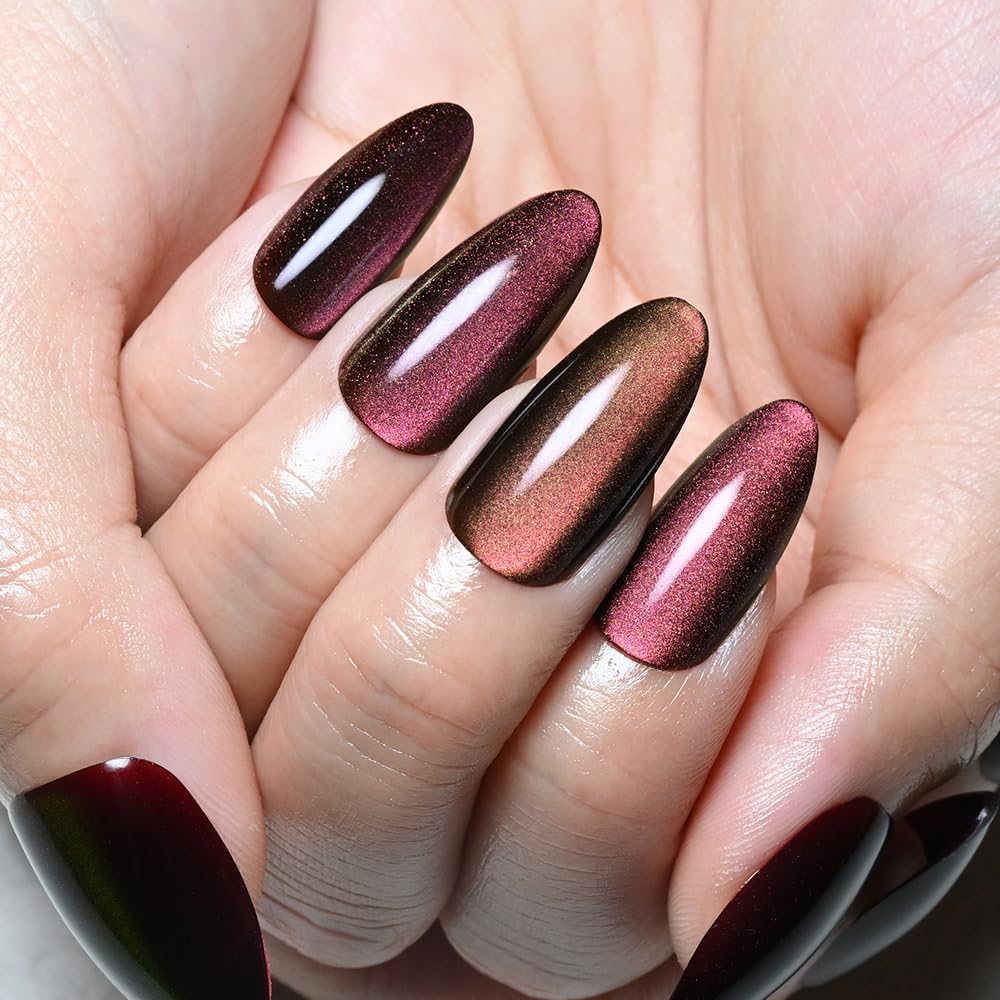 evpct Purple Red Cat Eye Chrome Press on Nails Almond Medium with Design, Holographic Medium Almond Stick on Fake Nails for Women, Glossy Cat Eye Effect, Perfectly Fit Salon-quality Soft False Nail