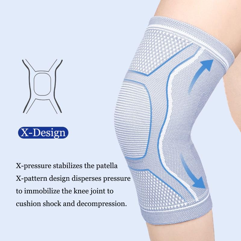 Compression Knee Sleeve for Men Women - Bamboo Charcoal Knee Brace for Sport Running (Gray, Large)