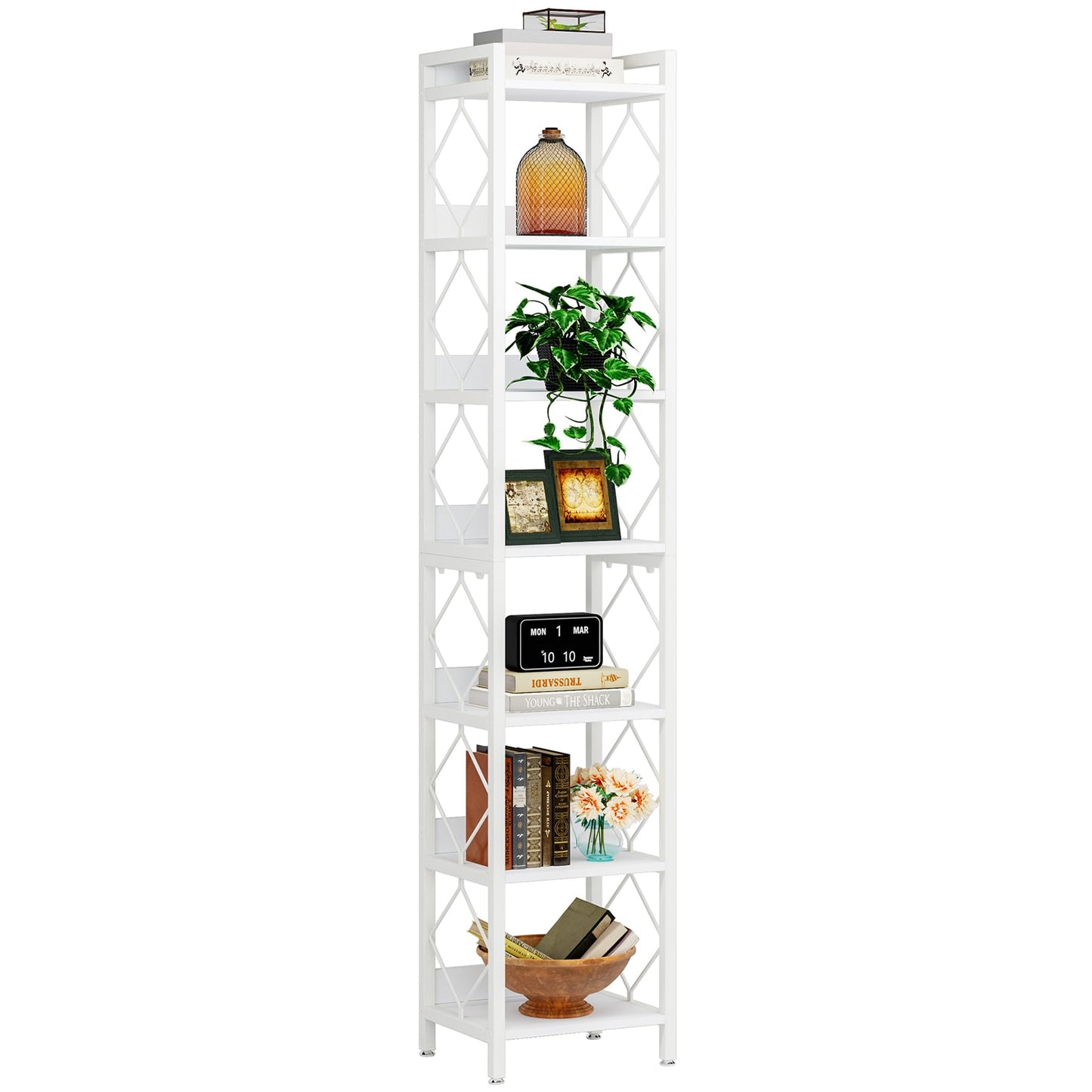 Tribesigns 78.7 Inch Extra Tall Narrow Bookshelf, 7 Tier Skinny Bookcase for Small Spaces, Freestanding Display Shelves, Multifunctional Corner Storage Organizer for Home Office, White