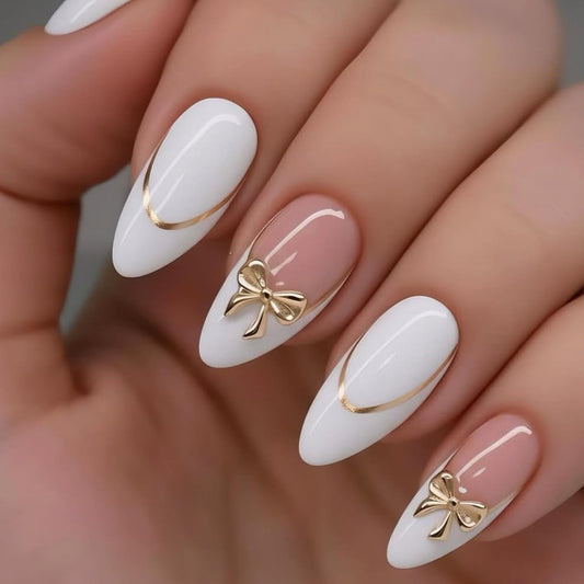 24Pcs Press on Nails Medium Almond Fake Nails,White & Nude Pink French Tip with Gold Lines & 3D Gold Bows Glossy False Nails with Elegant Bow Charms Acrylic Nails Full Cover Stick on Nails for Women