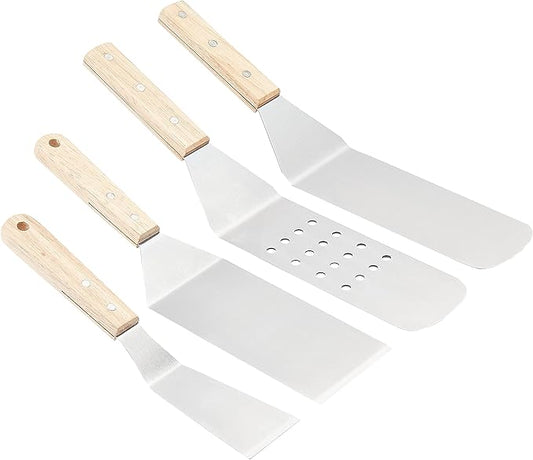 Amazon Basics 4-Piece Stainless Steel BBQ Grilling Tool Set for Outdoor Cooking, Griddle Spatula, Heat Resistant, Dishwasher Safe, Silver