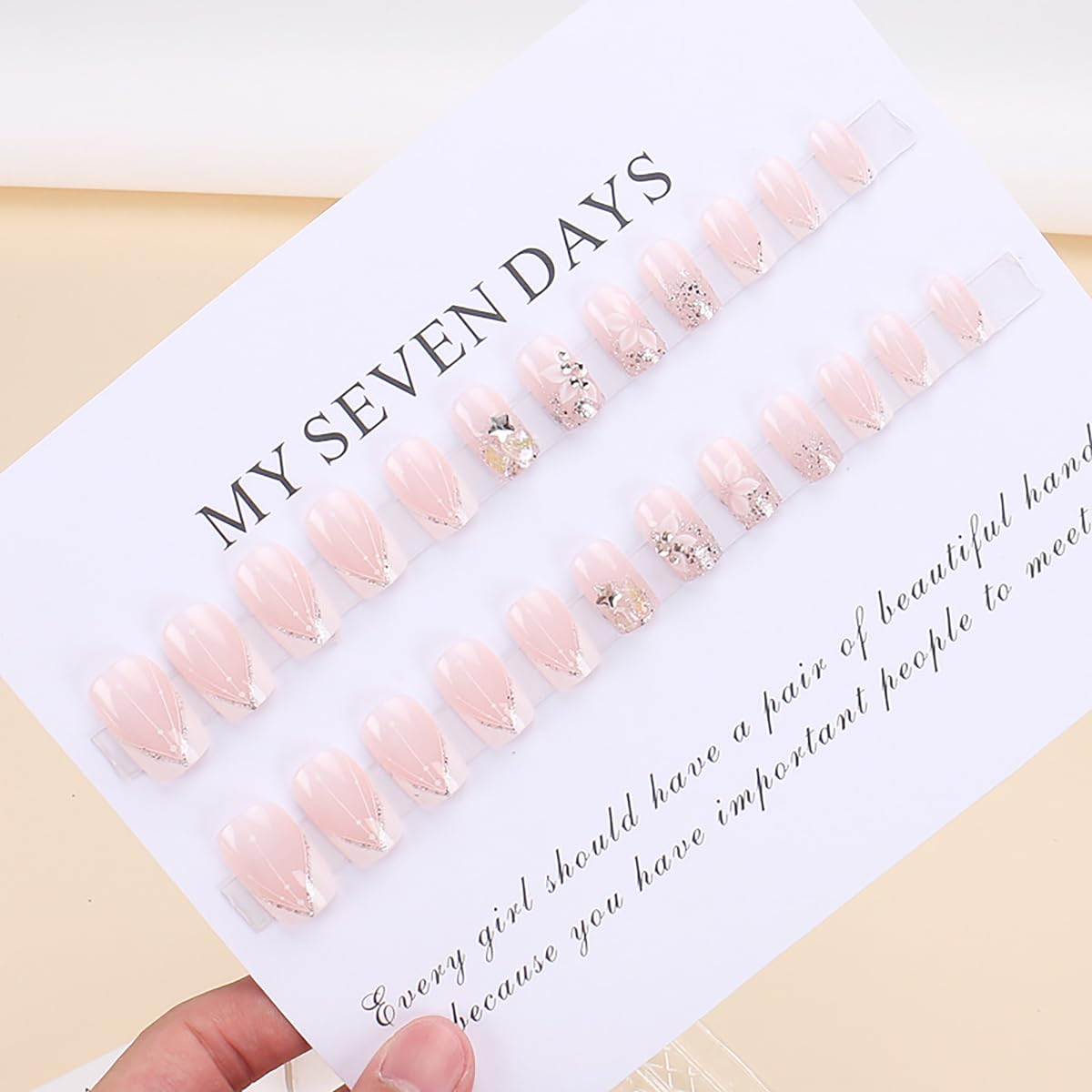 Short Square Press on Nails French Tip Fake Nails White Flower Glue on Nails with 3D Star Rhinestones Design Nude Pink False Nails Glitter Nail Tip Acrylic Nails Spring Stick on Nails for Women 24Pcs