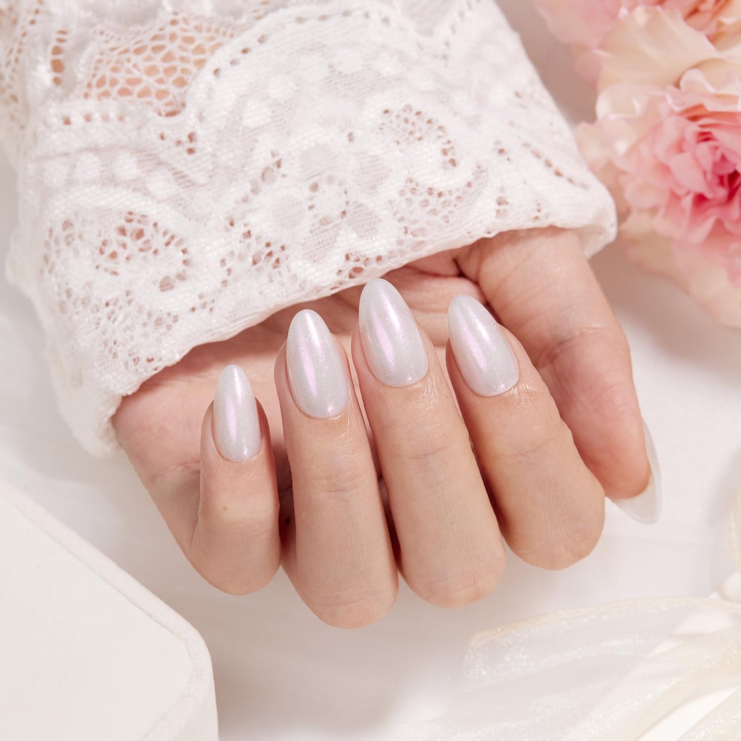VSALON Press On Nails Short Almond, Shimmer White Opaque Fake Nails & Blue Cat Eye Mini Pack