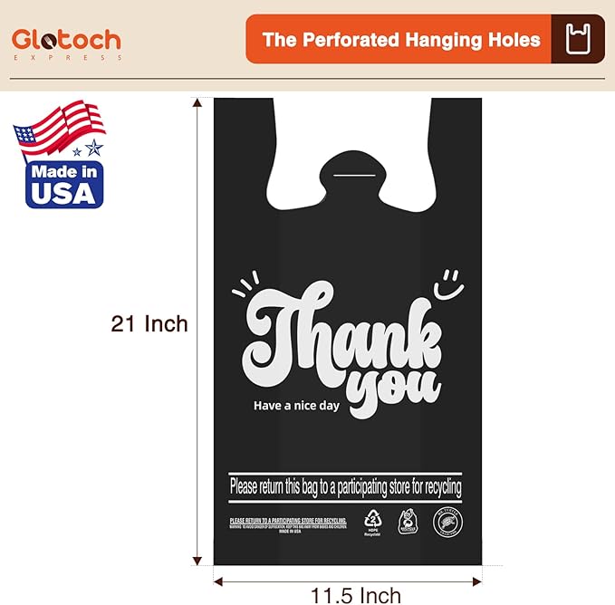 Glotoch 10000 (10K) Count Plastic Thank You T-shirt Bags Black, 11.5 x 6.5 x 21" Grocery Shopping Bag with Handles for Restaurant, Retail, Togo, Takeout, Convenience Stores, in Bulk for Small Business