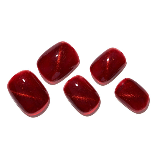 GLAMERMAID Red Cat Eyes Extra Short Press on Nails, Cherry Dark Red Handmade Soft Gel Fake Nails Short Squoval, Natural Burgundy Square Jelly Glue on Nails, Acrylic False Nails, Glossy Round Fake Nail