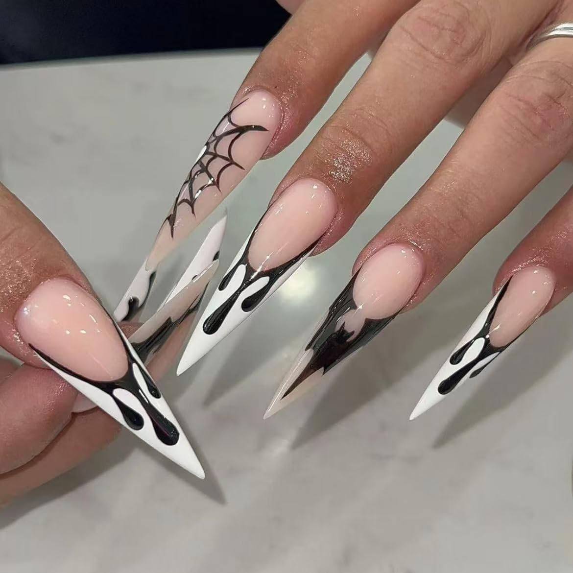 10Pcs Handmade Nails Press On, Long almond Glossy Halloween Coffin Press on Nails, White & Black with spider web, Reusable Quality Fake Nails (MT-148-M)